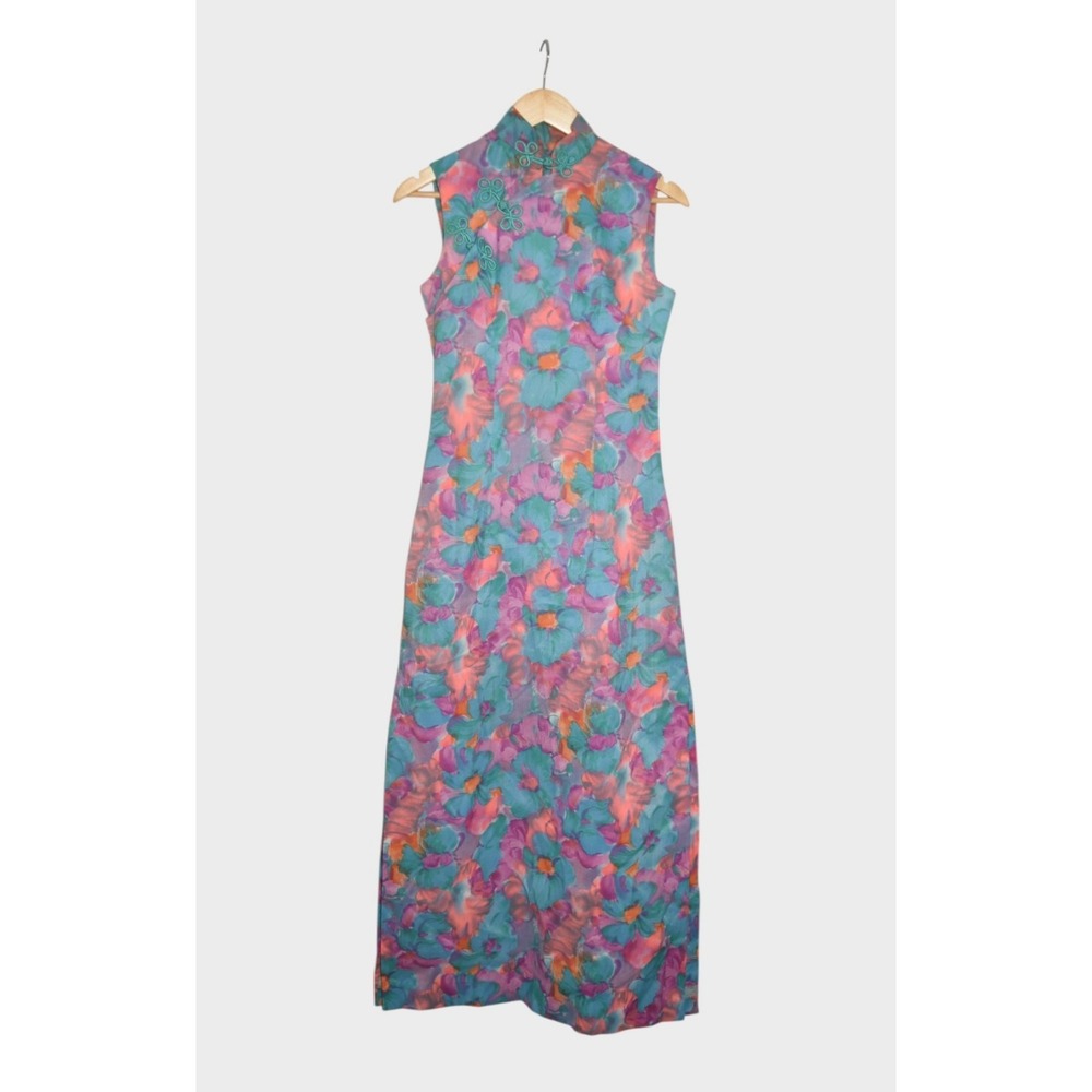 Vintage 60s Floral Maxi Dress Womens Small Sleeveless Mandarin Collar Frog Knot